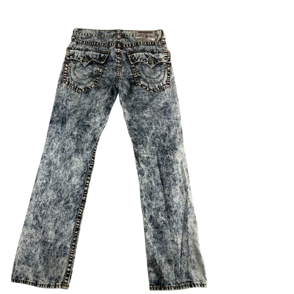 True Religion Jeans Men 33 Blue Acid Wash Straight Leg Embroidered Flap Pockets